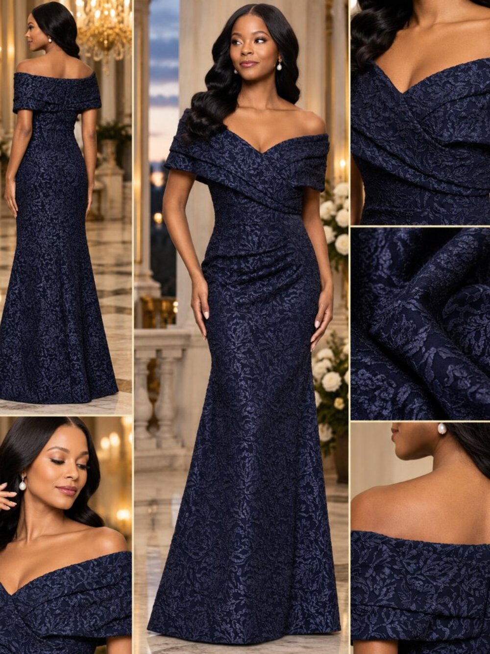 Betsy & Adam Navy Brocade Off Shoulder Formal Gown Size 16 NWT